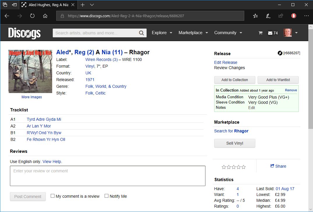 Llun o wefan Discogs / Screen shot of Discogs website